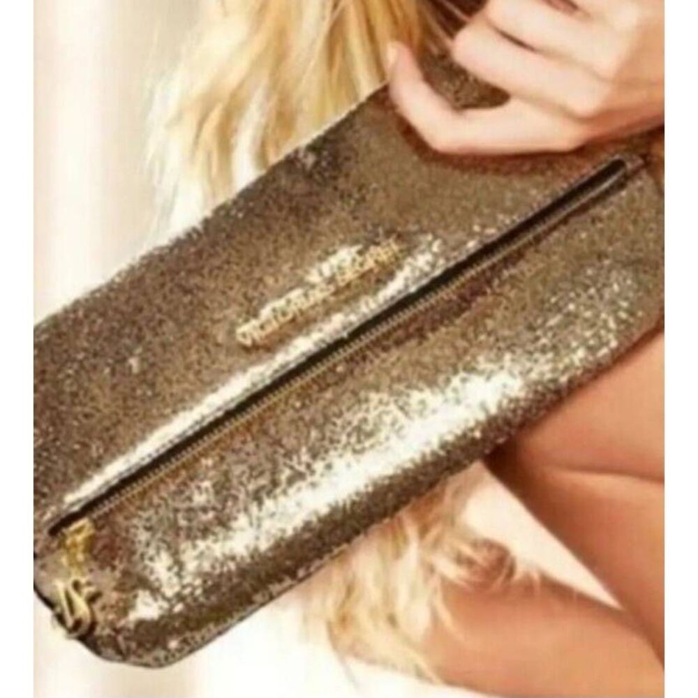 Victorias Secret Gold Sequin Zip-Up Makeup Bag Clutch Purse 12"x10"